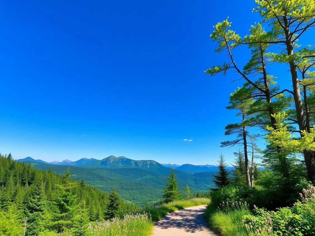 Summer hiking trail in Carrabassett Valley with mountain views and wildflowers Summer hiking trail in Carrabassett Valley with mountain views and wildflowers