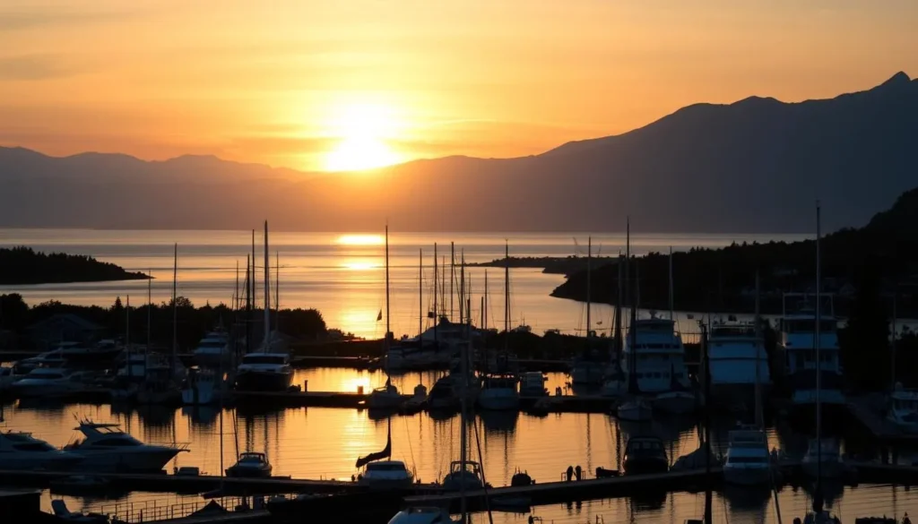 Summer midnight sun over Dutch Harbor with extended daylight illuminating the landscape