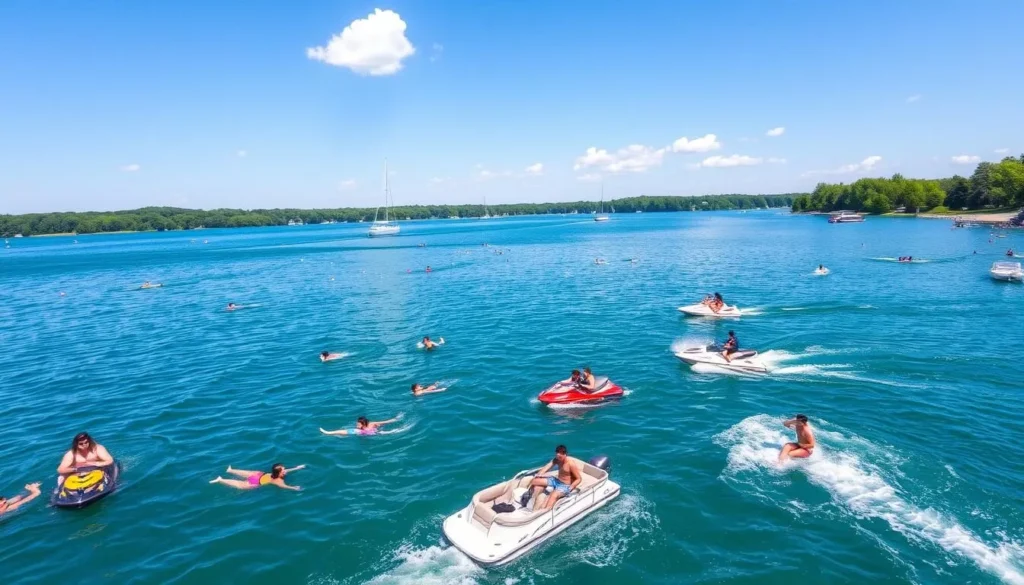 Summer scene at Lake Minnetonka with people enjoying water activities on a perfect sunny day Summer scene at Lake Minnetonka with people enjoying water activities on a perfect sunny day