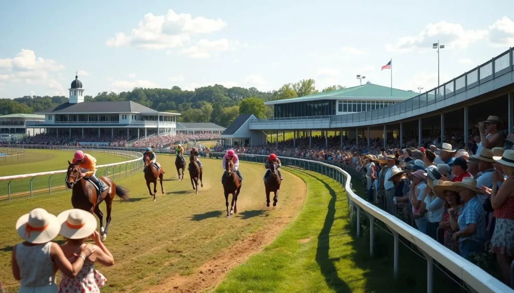 Summer scene at Saratoga Race Course with horses racing and spectators cheering Summer scene at Saratoga Race Course with horses racing and spectators cheering