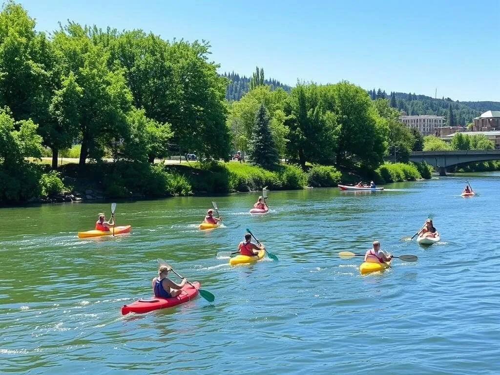 Summer scene in Missoula Montana with people kayaking on the Clark Fork River Summer scene in Missoula Montana with people kayaking on the Clark Fork River