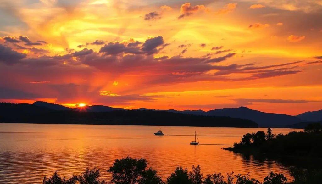 Summer sunset over Deer Creek Reservoir with boats on the water Summer sunset over Deer Creek Reservoir with boats on the water