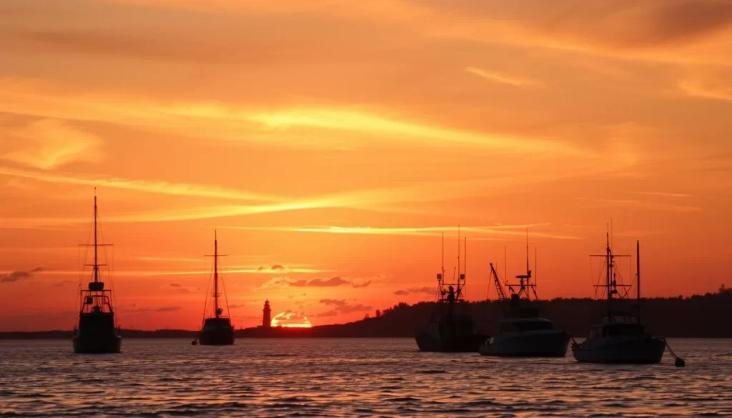 Summer sunset over Harkers Island with boats in the foreground Summer sunset over Harkers Island with boats in the foreground