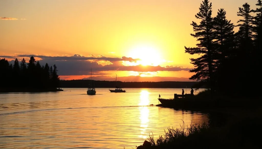 Summer sunset over Lake of the Woods Minnesota with fishing boats returning to shore Summer sunset over Lake of the Woods Minnesota with fishing boats returning to shore