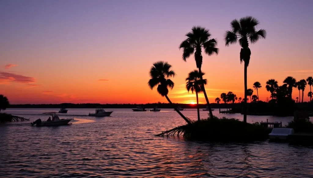 Summer sunset over Steinhatchee River in Taylor County Florida with boats and palm trees Summer sunset over Steinhatchee River in Taylor County Florida with boats and palm trees