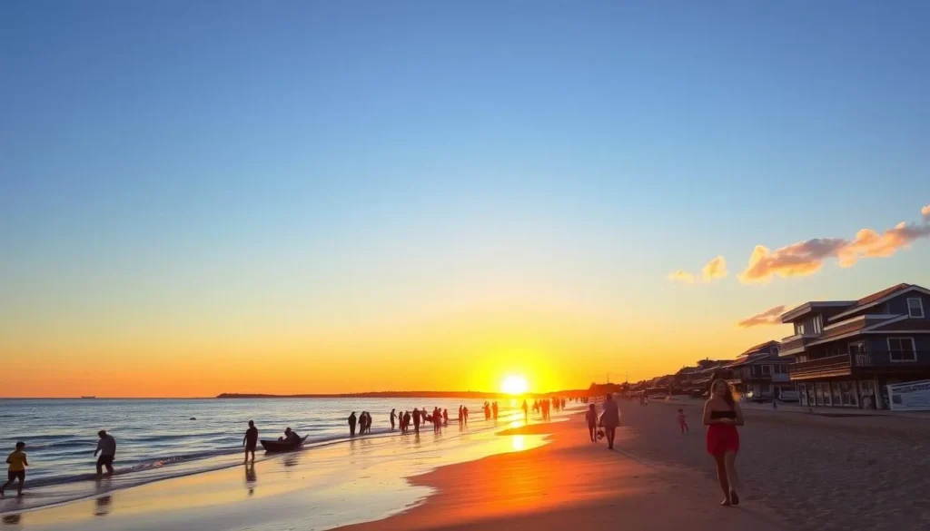 Summer sunset view of Oakland Beach in Warwick, Rhode Island with people enjoying the coastline