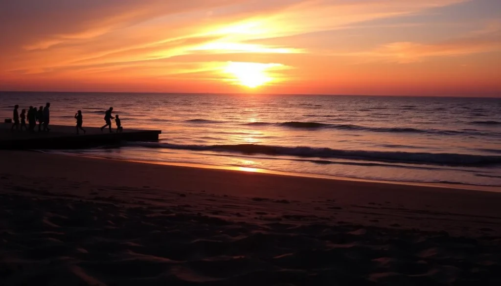 Summer sunset view of Presque Isle Beach in Erie Pennsylvania with people enjoying the shoreline Summer sunset view of Presque Isle Beach in Erie Pennsylvania with people enjoying the shoreline