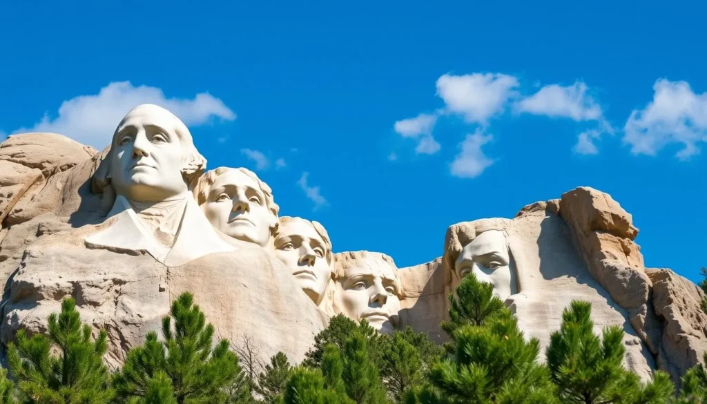 Summer view of Mount Rushmore National Memorial with clear blue skies, a popular attraction near Rapid City Summer view of Mount Rushmore National Memorial with clear blue skies, a popular attraction near Rapid City