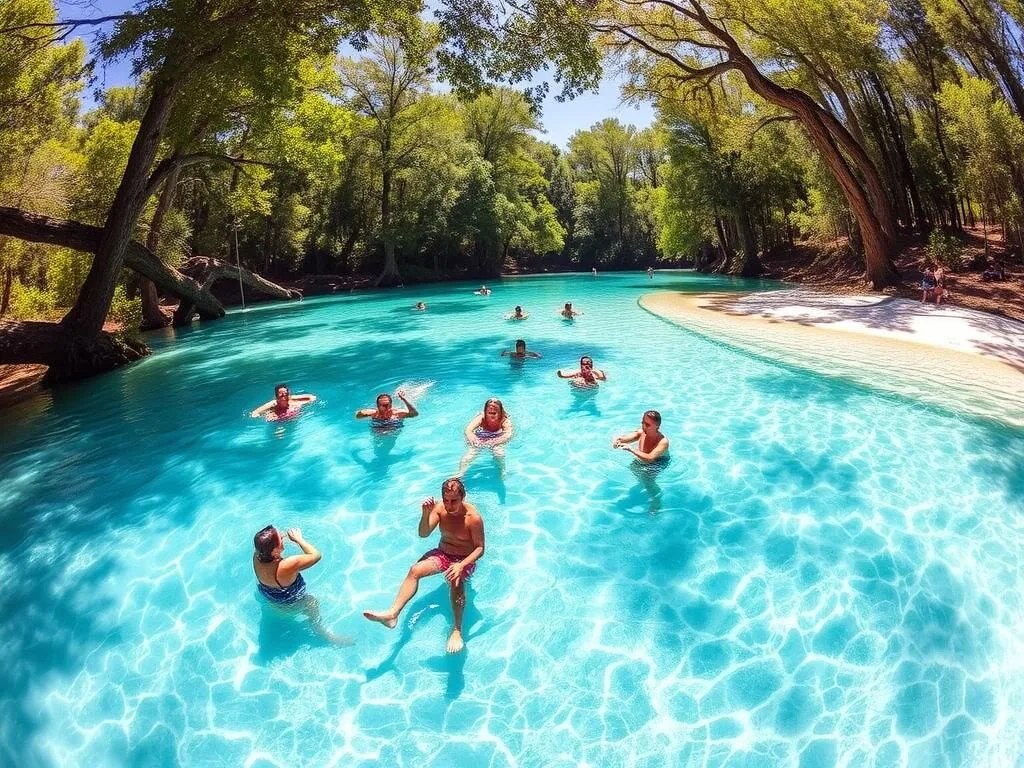 Summer visitors enjoying swimming in Gilchrist Blue Springs on a sunny day Summer visitors enjoying swimming in Gilchrist Blue Springs on a sunny day