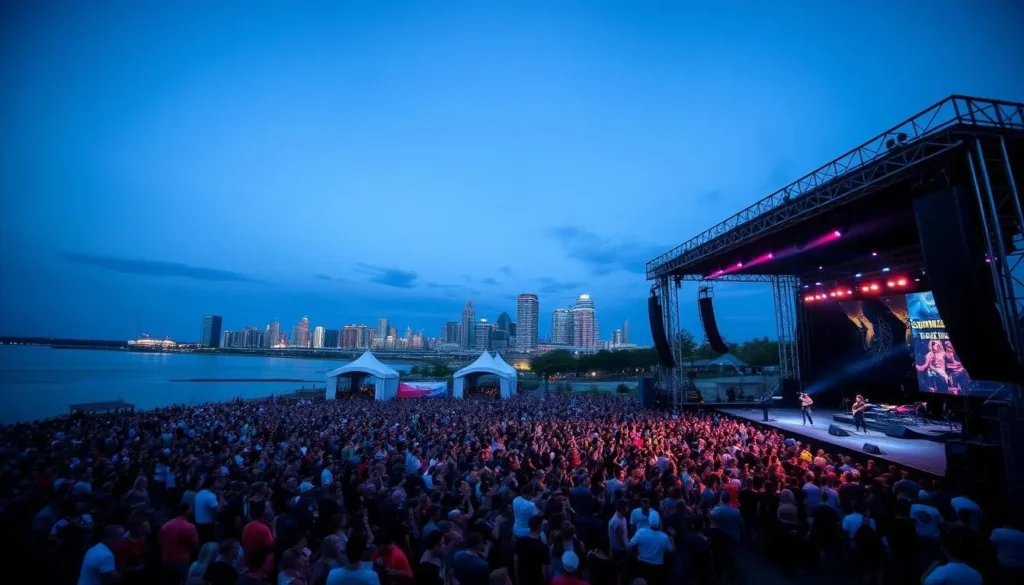 Summerfest music festival in Milwaukee with large crowd enjoying a concert at an outdoor amphitheater Summerfest music festival in Milwaukee with large crowd enjoying a concert at an outdoor amphitheater