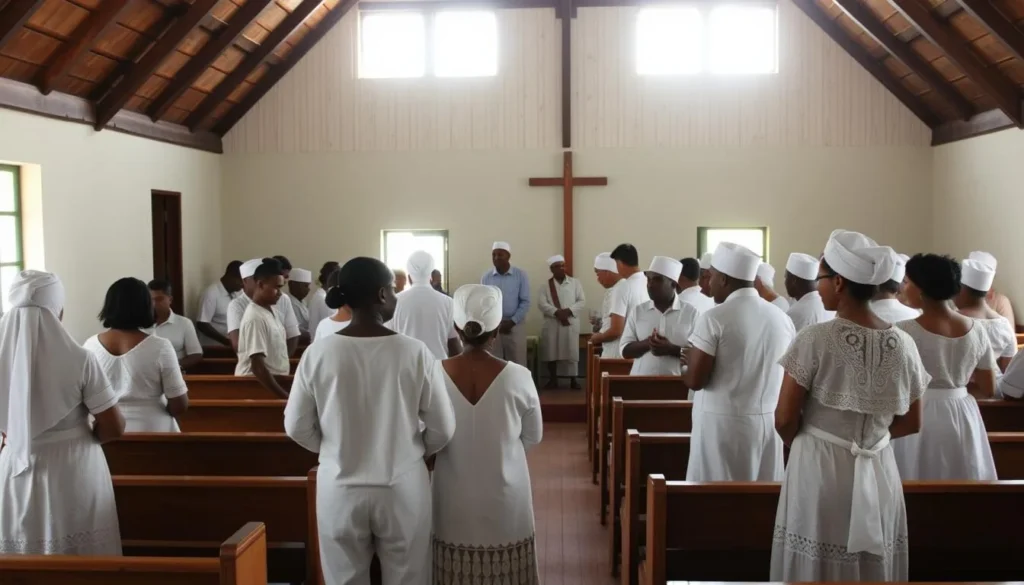 Sunday church service in Fakaofo with locals in white attire Sunday church service in Fakaofo with locals in white attire