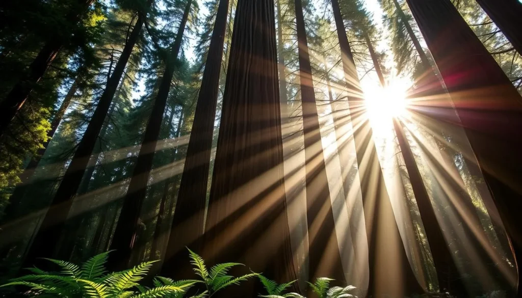 Sunlight filtering through ancient redwood trees in Muir Woods National Monument Sunlight filtering through ancient redwood trees in Muir Woods National Monument