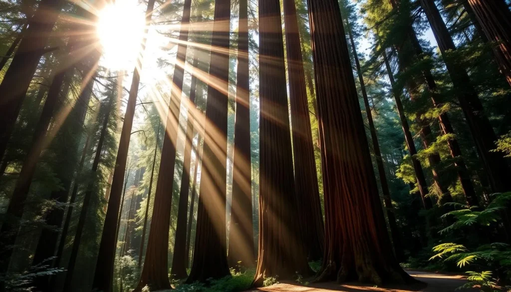 Sunlight filtering through towering redwood trees in Henry Cowell Redwoods State Park in Santa Cruz County Sunlight filtering through towering redwood trees in Henry Cowell Redwoods State Park in Santa Cruz County