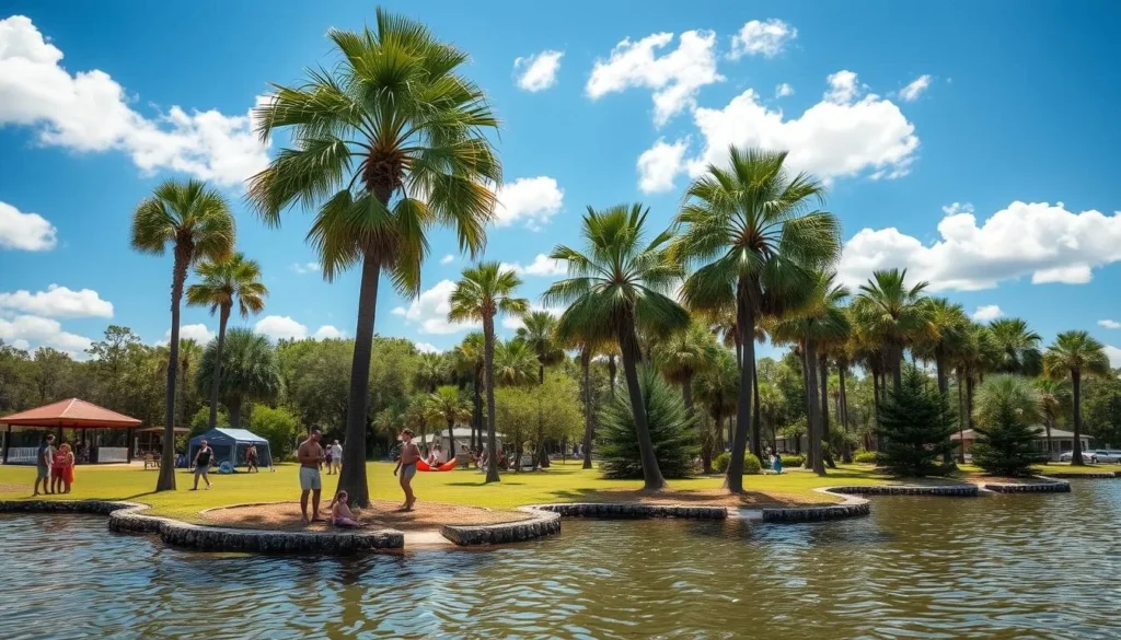 Sunny day at Lake Tohopekaliga in Osceola County Florida with palm trees and blue skies Sunny day at Lake Tohopekaliga in Osceola County Florida with palm trees and blue skies