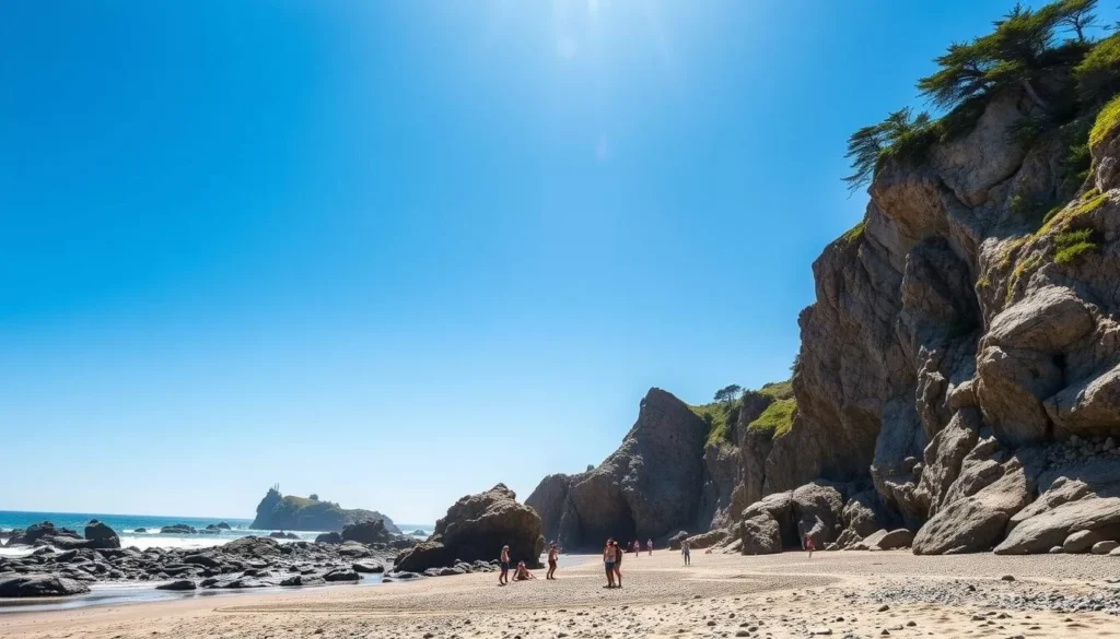 Sunny day at Trinidad State Beach in Humboldt County with clear blue skies, rocky coastline, and people enjoying the beach Sunny day at Trinidad State Beach in Humboldt County with clear blue skies, rocky coastline, and people enjoying the beach
