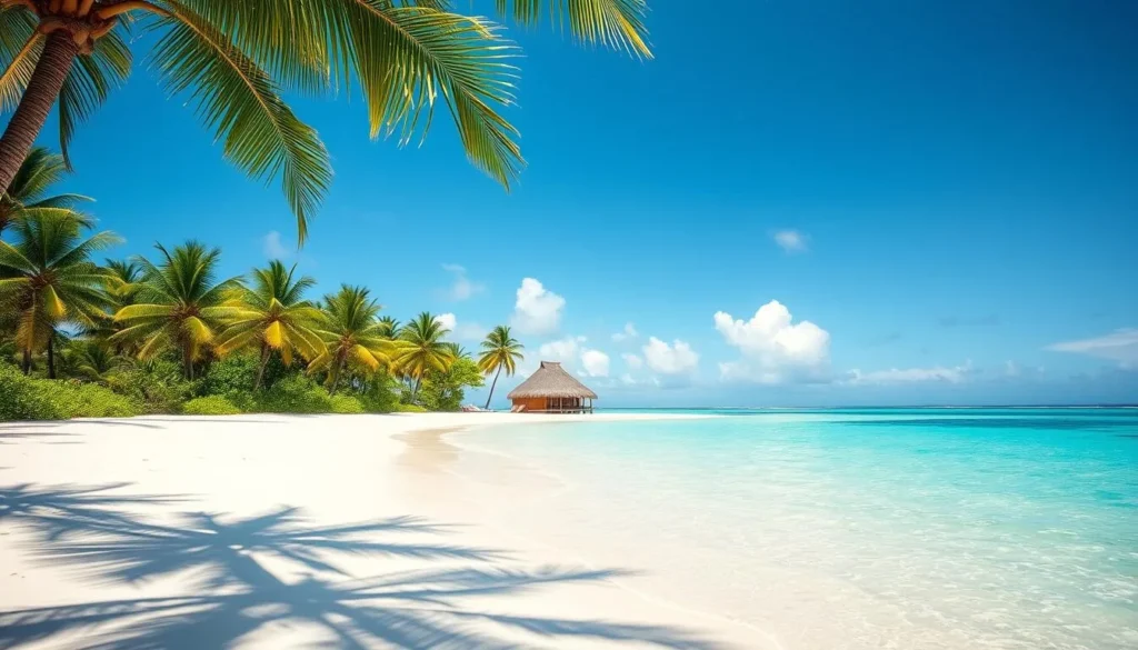 Sunny day on Fakaofo beach with palm trees and clear skies Sunny day on Fakaofo beach with palm trees and clear skies