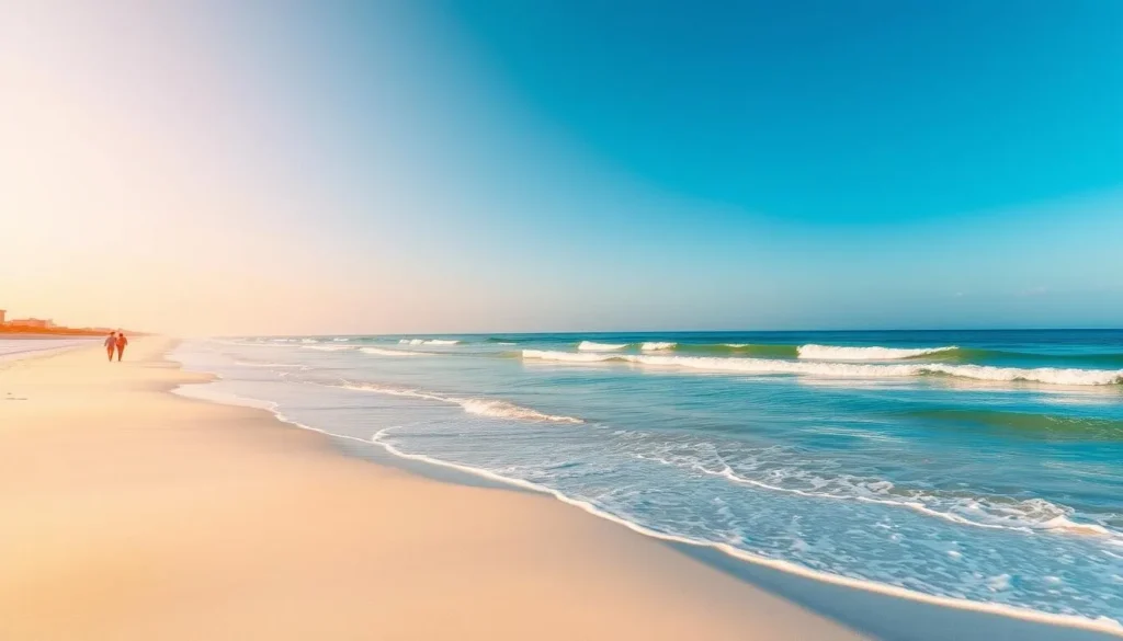 Sunrise at Wrightsville Beach in Wilmington North Carolina with golden sand, blue water, and early morning beachgoers Sunrise at Wrightsville Beach in Wilmington North Carolina with golden sand, blue water, and early morning beachgoers