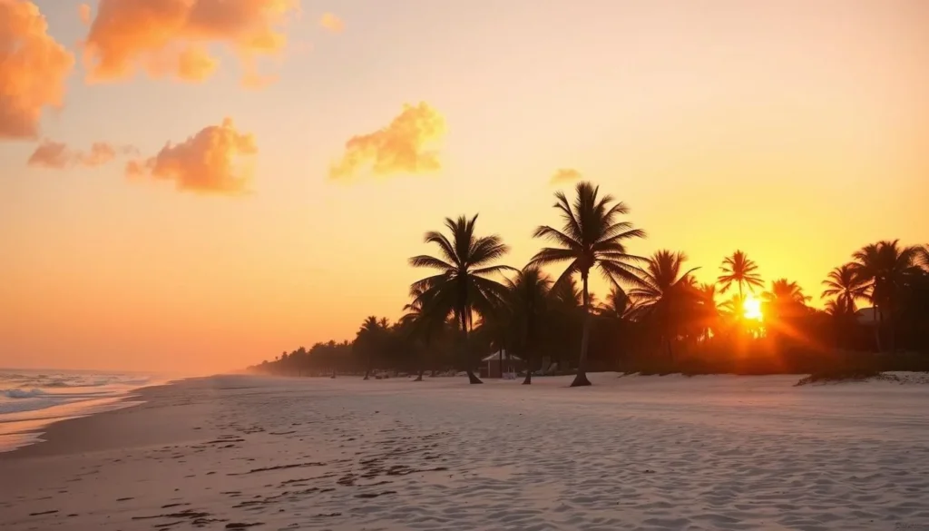 Sunrise at a pristine beach in Palm Beach County Florida with palm trees