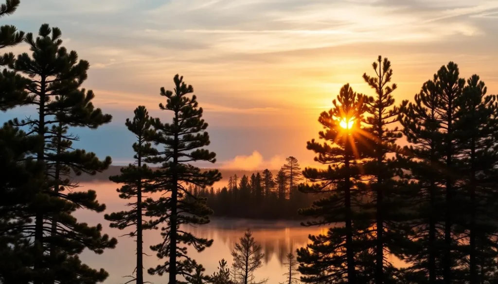 Sunrise over Lake Bemidji with pine trees in foreground and calm water reflection Sunrise over Lake Bemidji with pine trees in foreground and calm water reflection