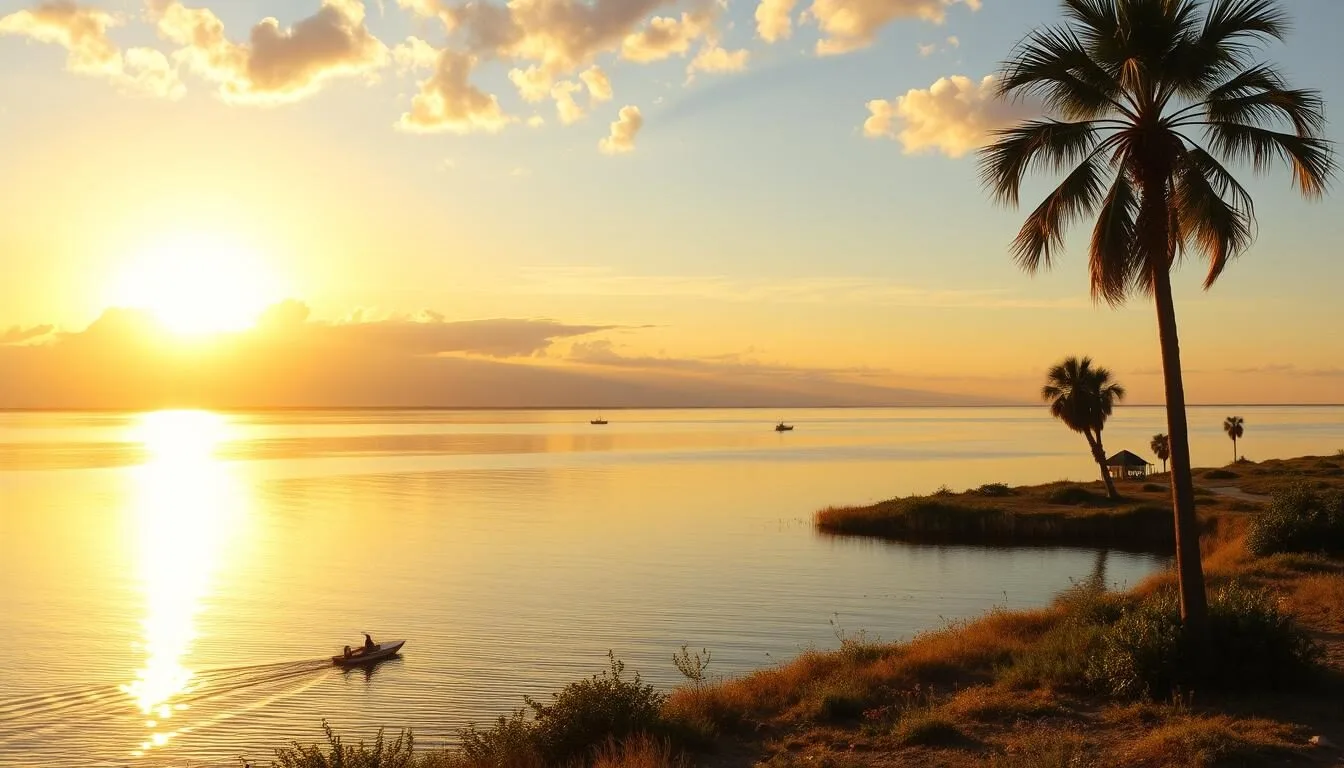 Sunrise over Lake Okeechobee in Glades County, Florida with fishermen in small boats