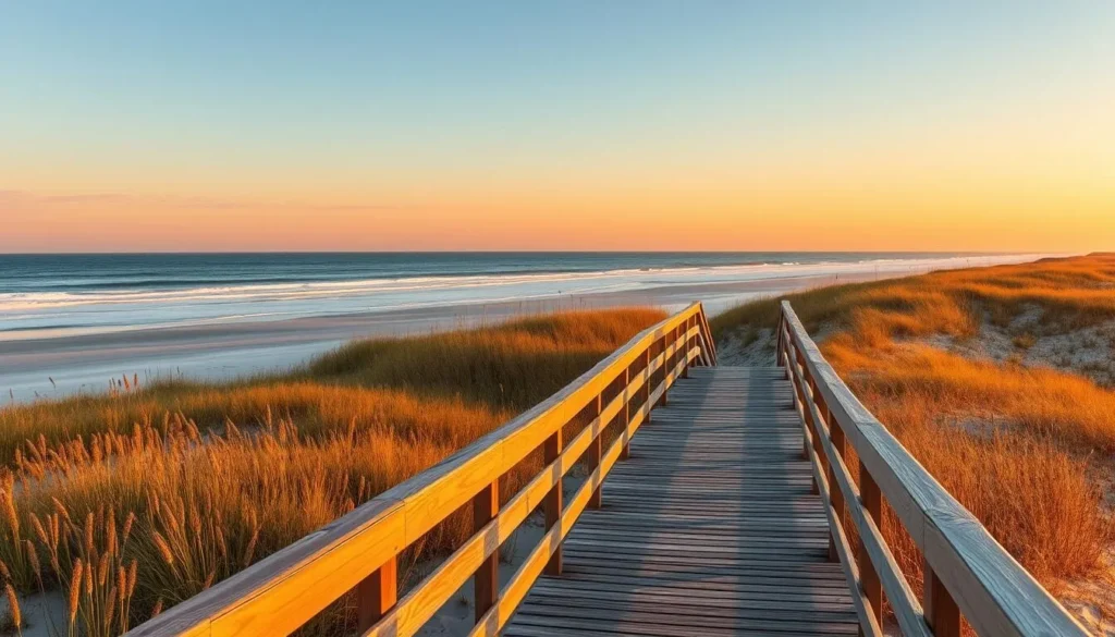 Sunrise over the Pawleys Island beach with beach access boardwalk