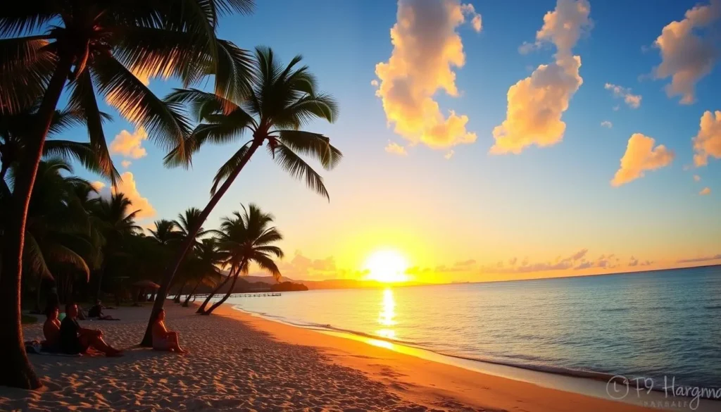 Sunset at Anaeho'omalu Bay, The Big Island, Hawaii. A serene scene with the sun dipping below the horizon, casting a warm, golden glow over the calm, turquoise waters. Lush, verdant palm trees line the pristine, sandy beach, swaying gently in the light breeze. In the foreground, a few beachgoers enjoy the tranquil setting, their silhouettes contrasted against the vibrant sky. The image is captured through a wide-angle lens, showcasing the expansive, picturesque landscape. The overall mood is one of relaxation and natural beauty, perfectly encapsulating the essence of A-Bay and the activities it offers visitors.