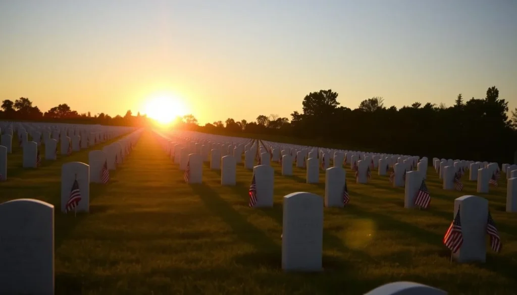 Sunset at Antietam National Cemetery with illuminated headstones and American flags Sunset at Antietam National Cemetery with illuminated headstones and American flags