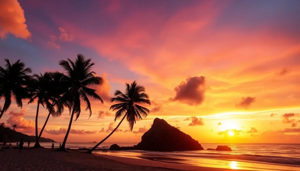 Sunset at Cabo San Juan beach with silhouettes of palm trees and people enjoying the view Sunset at Cabo San Juan beach with silhouettes of palm trees and people enjoying the view