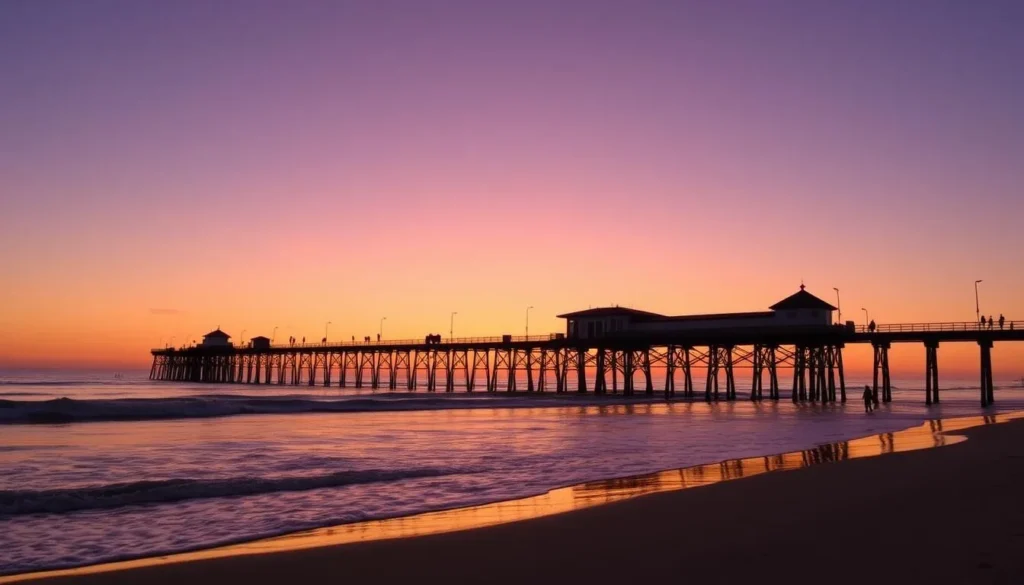 Sunset at Newport Beach Pier in Orange County California, showcasing one of the best free things to do in the area Sunset at Newport Beach Pier in Orange County California, showcasing one of the best free things to do in the area