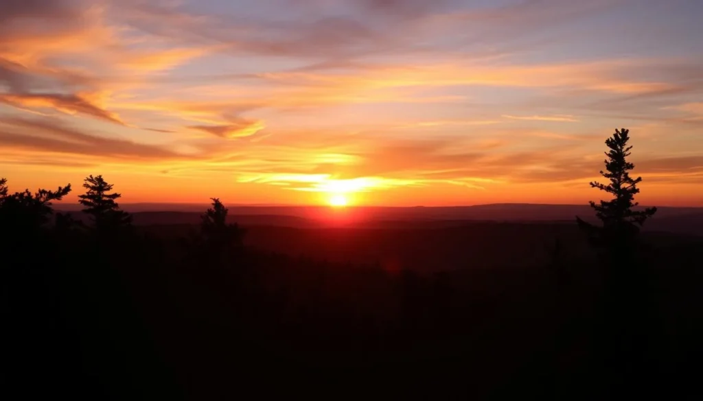 Sunset over Allegheny National Forest, Pennsylvania with silhouetted trees Sunset over Allegheny National Forest, Pennsylvania with silhouetted trees
