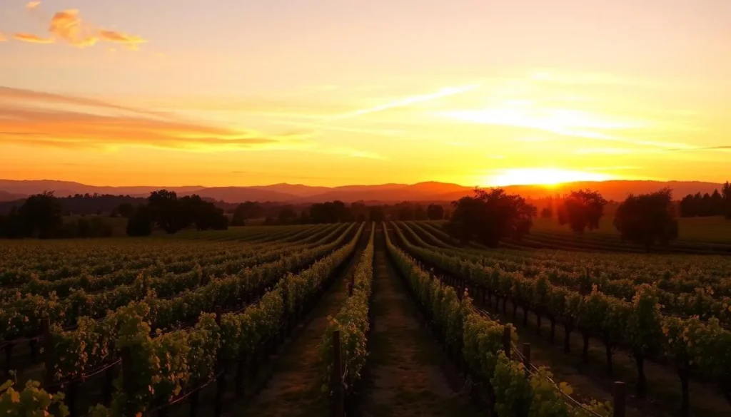 Sunset over Amador County vineyards with golden light illuminating the Sierra Foothills