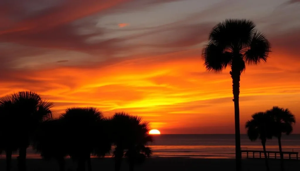 Sunset over Amelia Island with silhouettes of palm trees in Nassau County Florida Sunset over Amelia Island with silhouettes of palm trees in Nassau County Florida