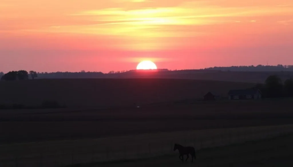 Sunset over Amish farmland with silhouette of buggy on horizon Sunset over Amish farmland with silhouette of buggy on horizon