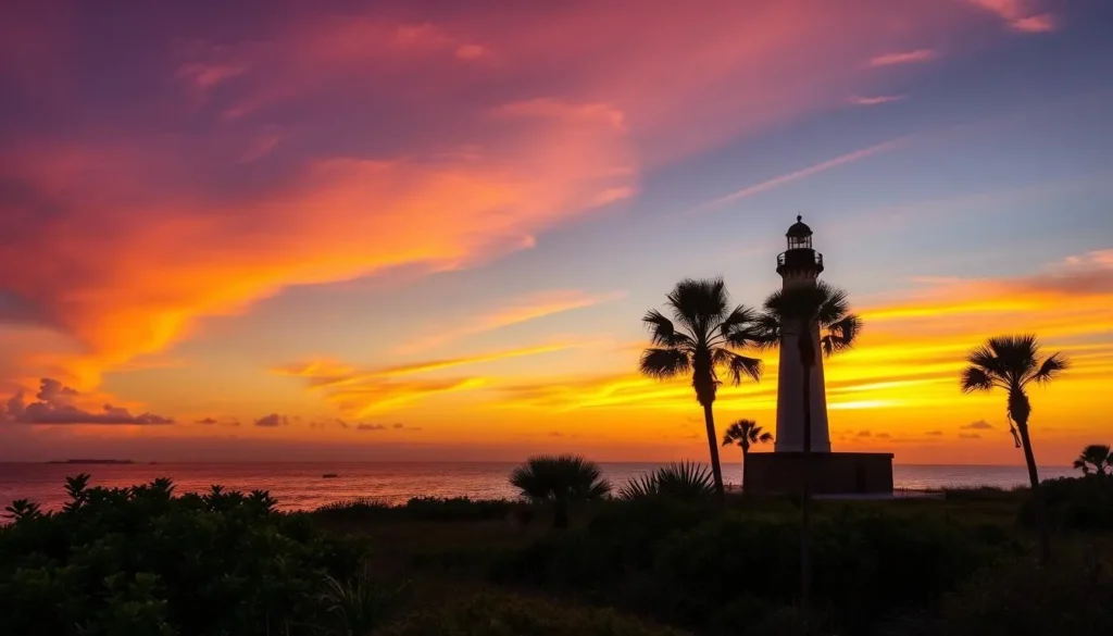 Sunset over Anclote Key Preserve State Park with lighthouse silhouette and boats in the distance Sunset over Anclote Key Preserve State Park with lighthouse silhouette and boats in the distance