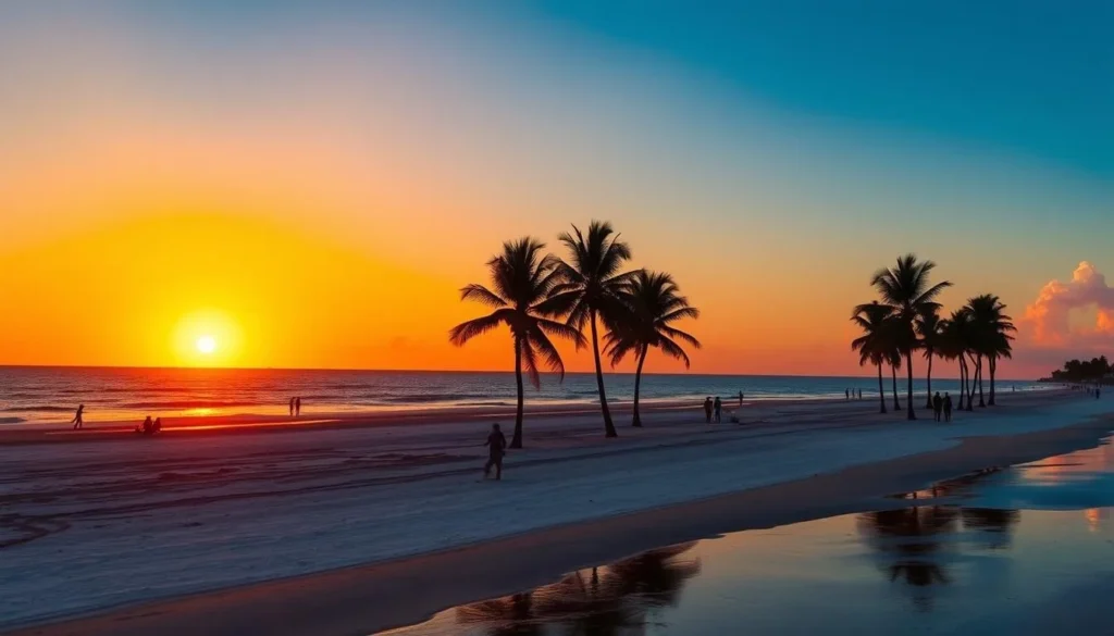 Sunset over Anna Maria Island beach in Manatee County Florida with palm trees silhouettes Sunset over Anna Maria Island beach in Manatee County Florida with palm trees silhouettes