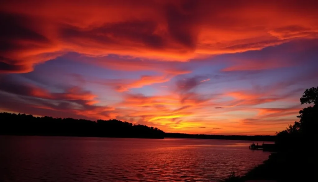 Sunset over Barren River Lake with silhouettes of trees along the shoreline Sunset over Barren River Lake with silhouettes of trees along the shoreline