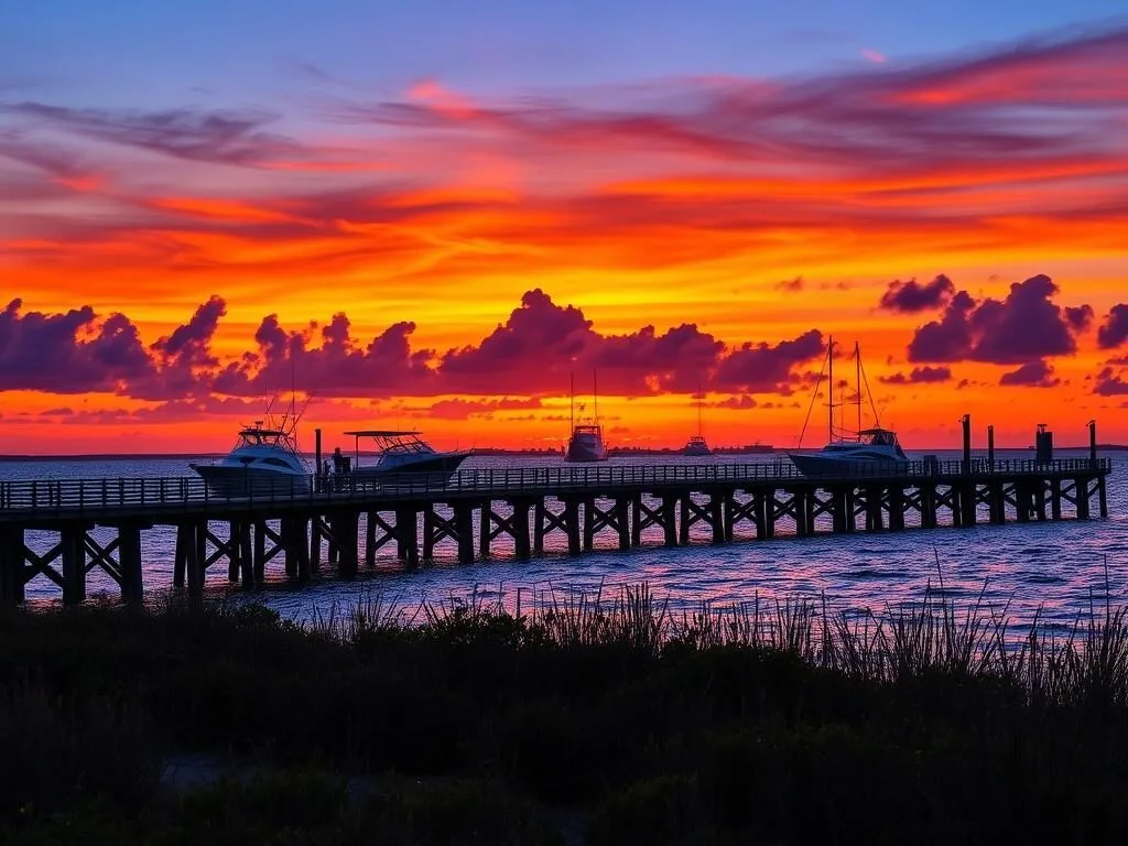 Sunset over Bayport Park pier with fishing boats in the Gulf of Mexico Sunset over Bayport Park pier with fishing boats in the Gulf of Mexico