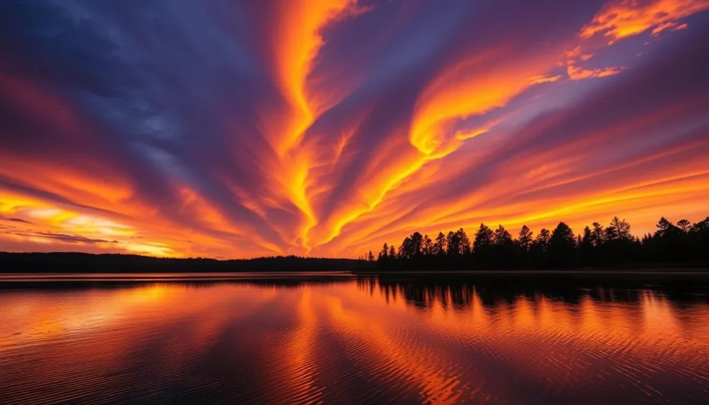 Sunset over Broken Bow Lake, Oklahoma with silhouetted trees and orange sky reflecting on water Sunset over Broken Bow Lake, Oklahoma with silhouetted trees and orange sky reflecting on water