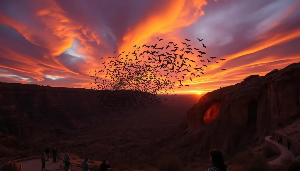 Sunset over Carlsbad Caverns National Park with Brazilian free-tailed bats emerging from the Natural Entrance Sunset over Carlsbad Caverns National Park with Brazilian free-tailed bats emerging from the Natural Entrance