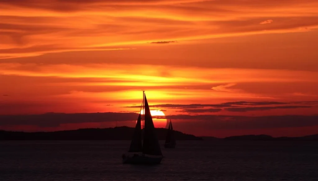 Sunset over Casco Bay with silhouettes of islands and sailboats Sunset over Casco Bay with silhouettes of islands and sailboats