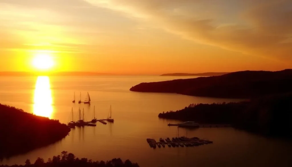 Sunset over Cayuga Lake with boats and docks in Cayuga County, New York Sunset over Cayuga Lake with boats and docks in Cayuga County, New York