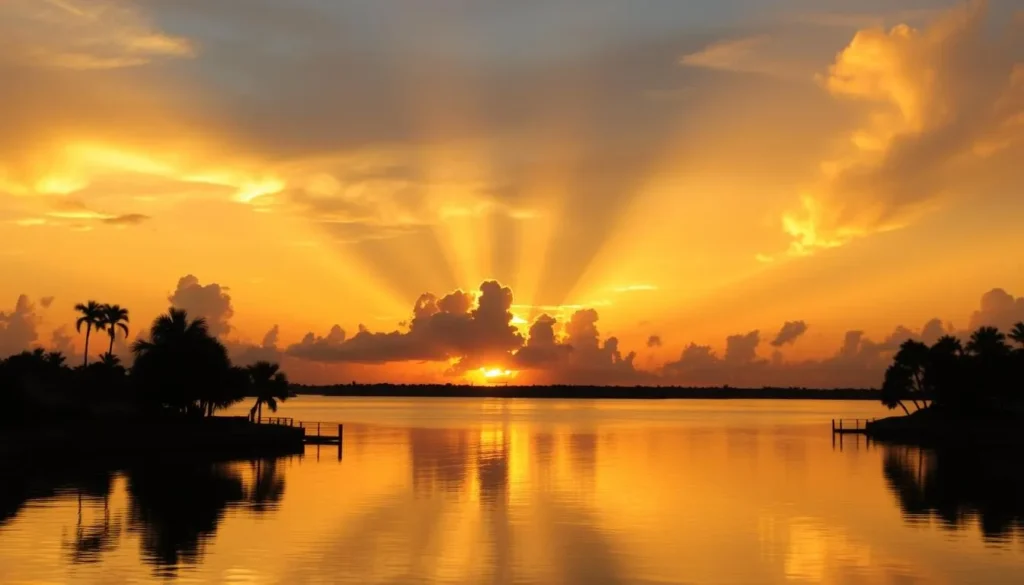 Sunset over Charlotte Harbor with palm trees silhouetted against colorful sky Sunset over Charlotte Harbor with palm trees silhouetted against colorful sky