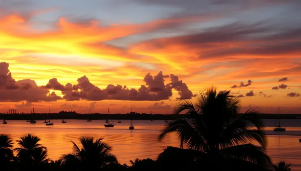 Sunset over Charlotte Harbor with sailboats silhouetted against orange sky Sunset over Charlotte Harbor with sailboats silhouetted against orange sky