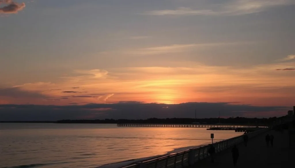 Sunset over Chesapeake Beach with silhouettes of people enjoying the boardwalk Sunset over Chesapeake Beach with silhouettes of people enjoying the boardwalk