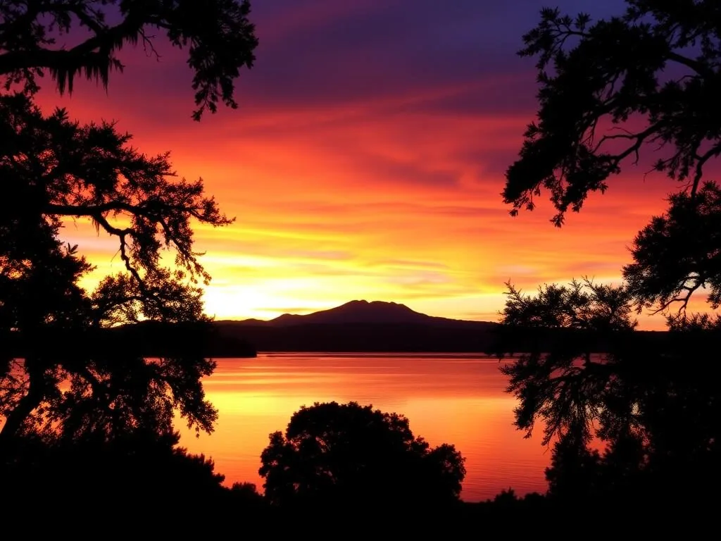 Sunset over Clear Lake with silhouettes of oak trees Sunset over Clear Lake with silhouettes of oak trees