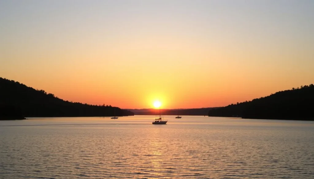 Sunset over Conesus Lake in Livingston County with boats on the water Sunset over Conesus Lake in Livingston County with boats on the water