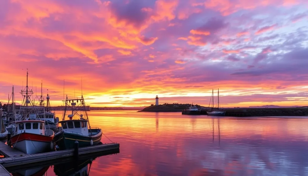 Sunset over Crescent City harbor with fishing boats and Battery Point Lighthouse Sunset over Crescent City harbor with fishing boats and Battery Point Lighthouse