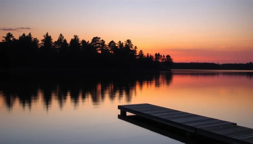 Sunset over Cross Lake with silhouettes of pine trees and a dock Sunset over Cross Lake with silhouettes of pine trees and a dock