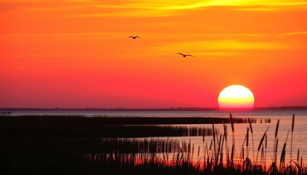 Sunset over Currituck Sound from Knotts Island, North Carolina with silhouettes of birds flying Sunset over Currituck Sound from Knotts Island, North Carolina with silhouettes of birds flying