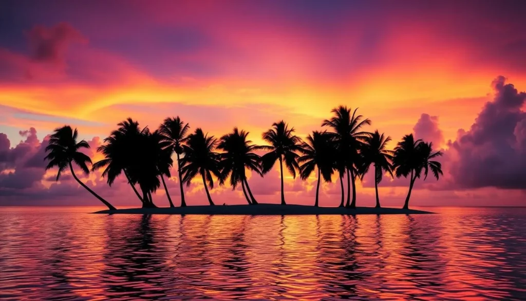 Sunset over Fakaofo atoll with silhouettes of palm trees Sunset over Fakaofo atoll with silhouettes of palm trees